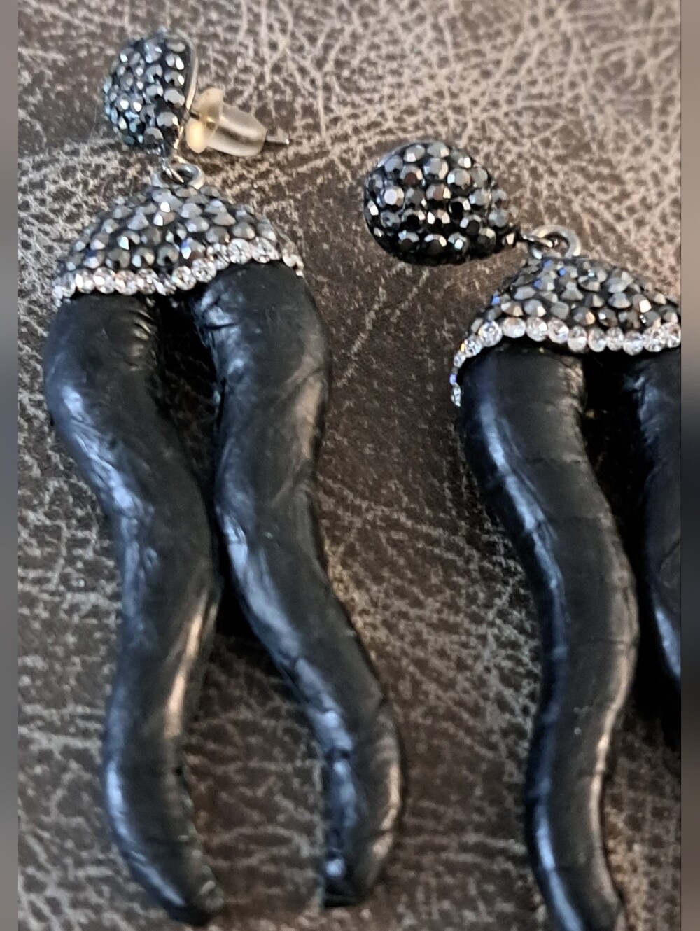Black Rhinestone Horn Drop Earrings
